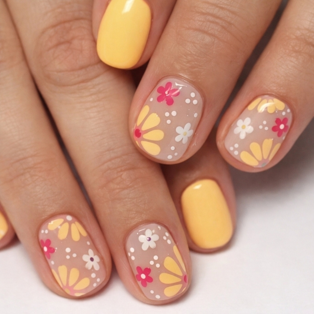 🔥3/21 Floral Press On Nails with Yellow Accents